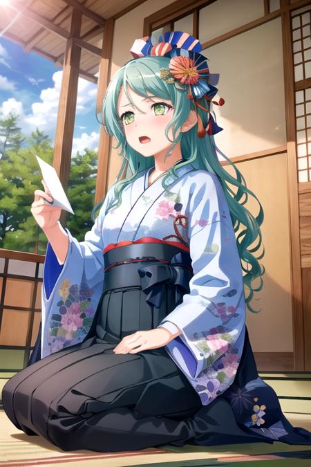 <lora:SayoHikawa-10:0.7>,sayobd, 1girl, solo, long hair, blush, open mouth, skirt, long sleeves, holding, sitting, green eyes, flower, japanese clothes, indoors, wide sleeves, kimono, sparkle, aqua hair, floral print, hakama, hakama skirt, seiza, lens flare, blue kimono, tatami, print kimono, blue hakama