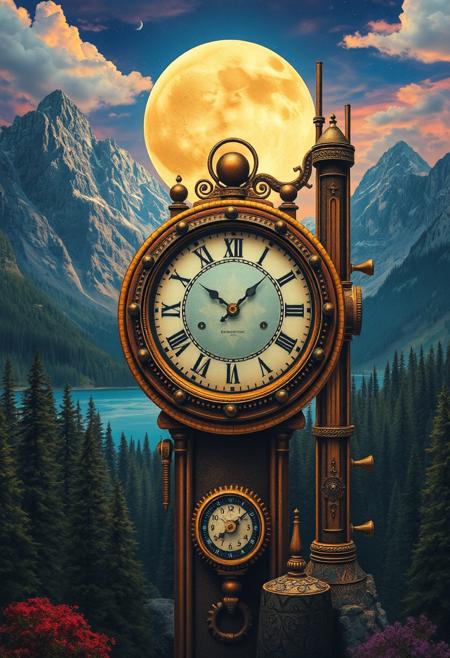 steampunk, clock, moon, mountains, forests, lakes, vivid colour, fantasy