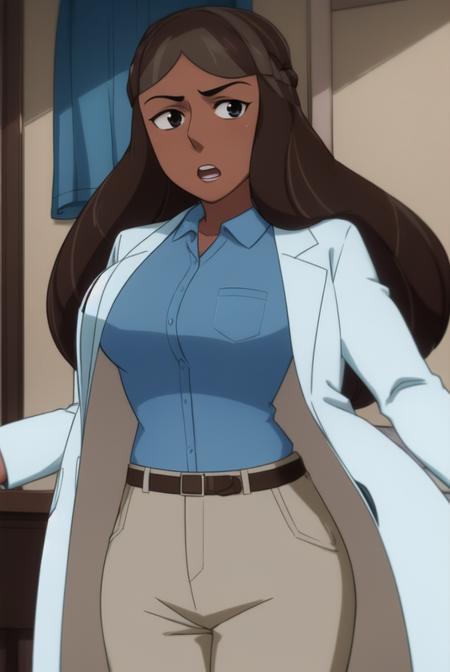 <lora:priyanka_maheswaran:0.8>, priyanka maheswaran, masterpiece, best quality, 1girl, solo, brown hair, long hair, open mouth, dark skin, shirt, blue shirt, indoors, labcoat, long sleeves, belt, dark-skinned female, parody, upper body, black eyes