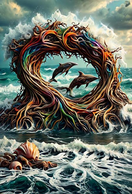 Ever Growing Connections, vibrant colors, vivid colors, dolphins made out of morph-treeroots, playing in the ocean, sea shells, crashing waves, dramatic, , Masterpiece, best quality, amazing quality, volumetric lighting, SFW, exquisite detail, digital art, highly detailed, beautiful, surreal,