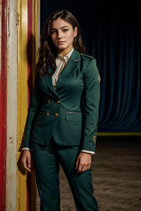 masterpiece, best quality, detailed face <lora:Monica1873Barbaro:1> a woman, 1girl, solo, m1873b,  wearing Columbia Green business suit in Circus