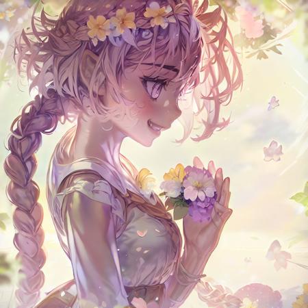 masterpiece, muddymelly, solo, 1girl, braids, purple theme, flowers, wind, floating hair, flower petals, purple petals, white hair, purple eyes, profile, holding flower, purple flower, holding, grin, fang
<lora:muddymelly-44:1>