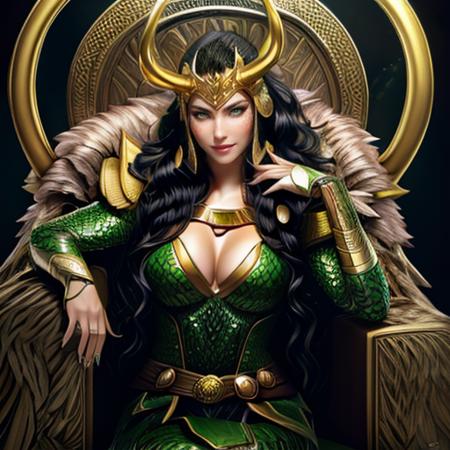 a woman sitting on a golden throne imbued with green magic <lora:LadyLokiLora:1> 1girl, long hair, black hair, green eyes, large breasts, horns, cleavage, helmet, realistic, makeup, jewelry, cape, beautiful eyes, beautiful girl, high detail skin, high detail eyes, high detail hair, highres, ultra detailed:1.2, horny smile, detailed pores, imperfect skin:1.2, detailed reflective shiny skin, diffused skin pores,sharpen picture, Highly detailed, masterpiece, best quality, photorealistic,