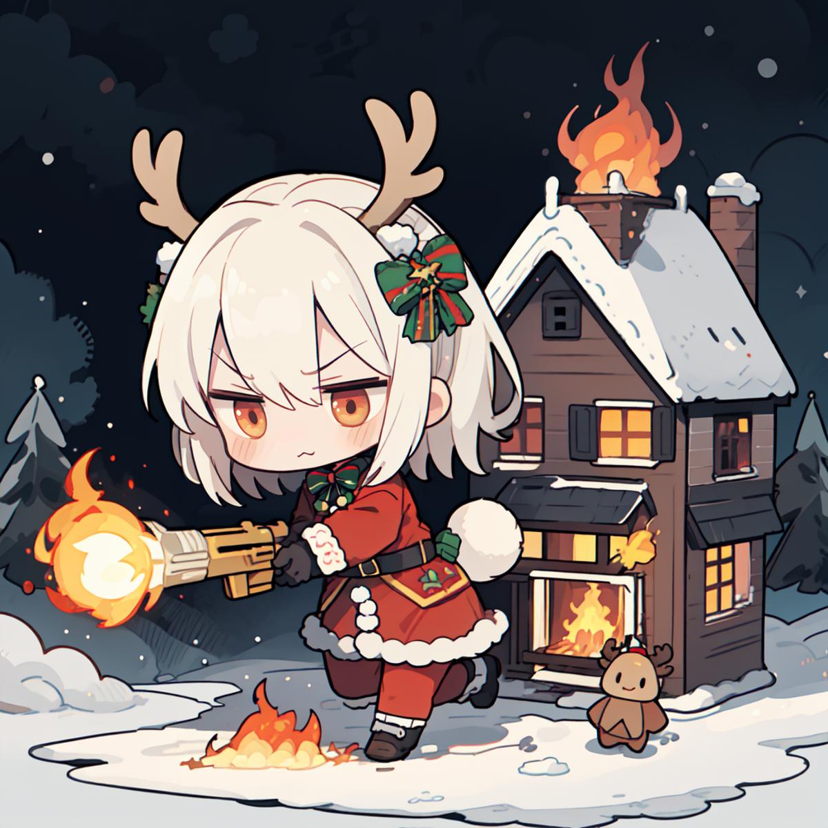 An Anime Character with a Gun and Santa Hat in Front of a House.