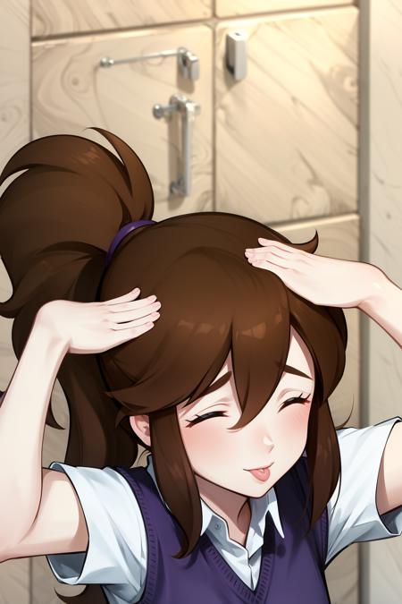 masterpiece, best quality, erin stout, brown hair, ponytail, purple sweater vest, white shirt, rolled up sleeves, upper body, from above, ahetobleh, hands on own head <lora:erinstout-nvwls-v1:0.9> <lora:ahetobleh-nvwls-v1-final:0.7>