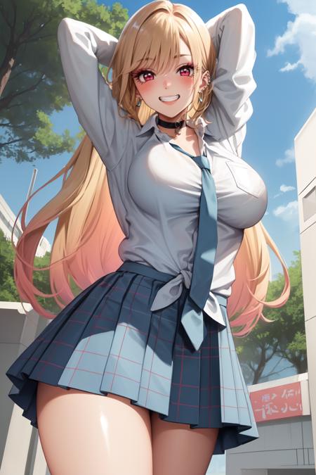 KitagawaSU1, 1girl, solo, long hair, bangs, blonde hair, red eyes, smile, choker, looking at viewer, jewerly, earrings, black choker, piercing, ear piercing, shirt, school uniform, blush, grin, cowboy shot, skirt,( white shirt:1.2), (white clothes:1.2), pleated skirt, blue skirt, necktie, multicolored hair, collared shirt,plaid, plaid skit, big breasts, blue necktie, tied shirt, long sleeves, eyelashes, tetth, standing,   bracelet, hourglass body,  (from below:1.2),  arms behind head, hands behind head, 
outdoors, day, sky, clouds, buildings, trees, bushes, <lora:KitagawaMR1-10 (1):0.8>, 
BREAK
masterpiece, best quality, highly detailed background, perfect lightingbest quality, ((shiny skin, glossy skin, detailed skin))