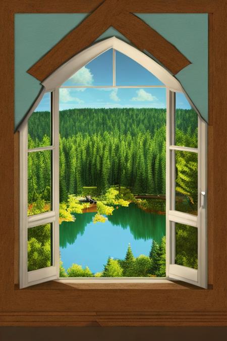 a photo of the clean Isometric_Dreams, with a lamp on a table,a painting of a tree inside a window with a view of a forest and a pond below it