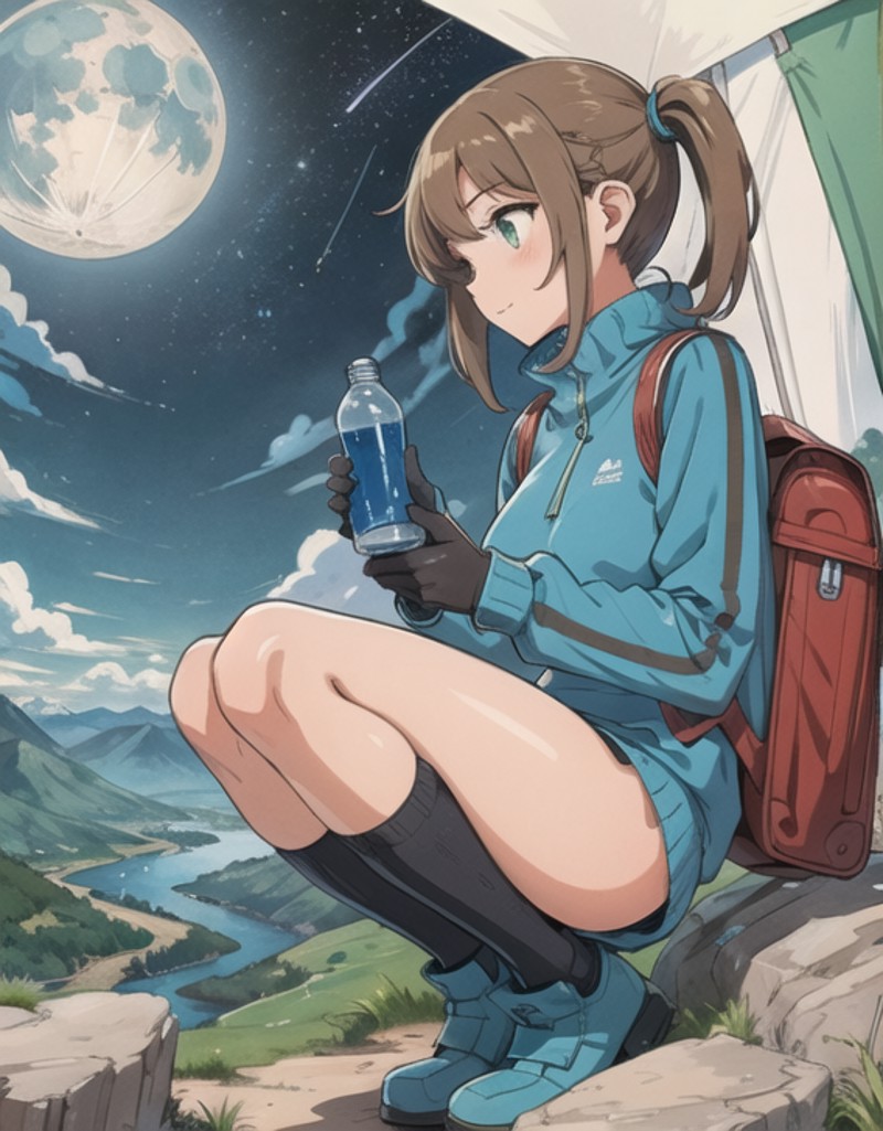 masterpiece, best quality, ultra-detailed, illustration, 1girl, solo, outdoors, camping, night, mountains, nature, stars, ...
