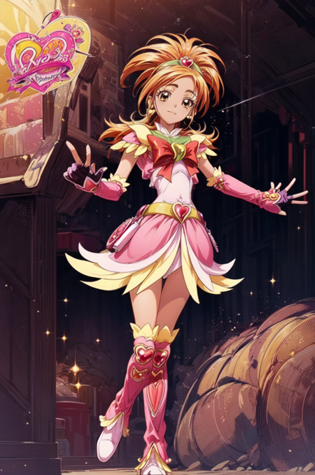 cure bloom, 1girl, solo, brown eyes, orange hair, heart brooch, magical girl, jewelry, knee boots, gloves, heart,