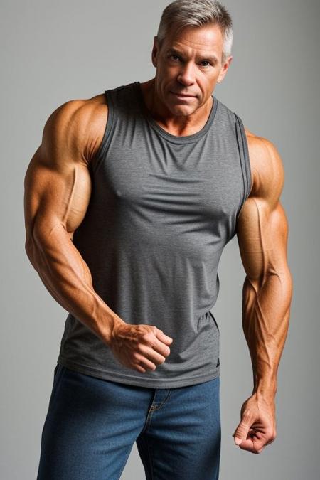 professional photoshoot Bodybuilding Magazine style of: 45yo man, bodybuilder,  sleeveless tank top, the hands must be well represented, the hands must have five fingers, the hands must be anatomically correct, the hands must be well proportionated