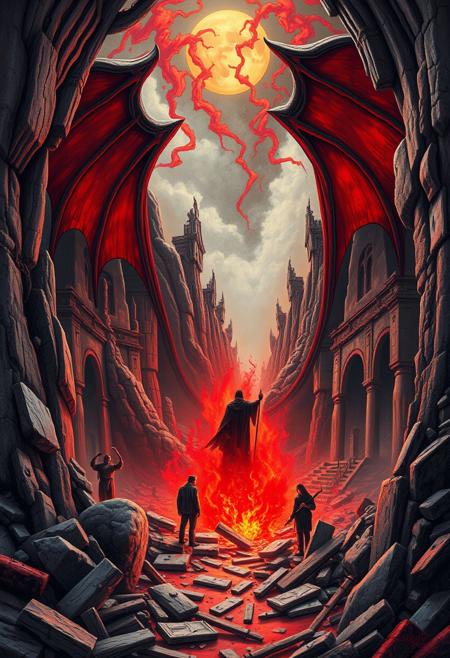 I also stood in Satan’s bosom & beheld its desolatons:
A ruin’d Man, a ruin’d building of God not made with hands;
Its plains of burning sand, its mountains of marble terrible;
Its pits & declivities flowing with molten ore & fountains
Of pitch & nitre; its ruin’d palaces & cities & mighty works;
Its furnaces of affliction, in which his Angels & Emanations
Labour with blacken’d visages among its stupendous ruins,
Arches & pyramids & porches, colonnades & domes,
In which dwells Mystery, Babylon; here is her secret place;
From hence she comes forth on the Churches in delight;
Here is her Cup fill’d with its poisons, in these horrid vales,
And here her scarlet Veil woven in pestilence & war;
Here is Jerusalem bound in chains, in the Dens of Babylon.