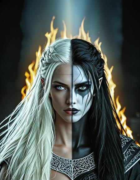 RAW close up analogue photo ((Hel the Norse Goddess)), clear focus, high resolution image, nbn-hel, ((half body, left black, right white)), ((white hair right side, black hair left side)), ((two-tones hair)),  heterochromia, realistic, <lora:sdxl_NBN-Hel_NordicByNature_r1:1.0>, nordicbynature, <lora:NordicByNature:0.8> ,Hel dancing in a funeral pyre’s glow, her figure shifting between life and decay.,low light, soft natural light, Rembrandt style light, Hasselblad DLSR camera, 200mm Zeiss lens, f/2.8