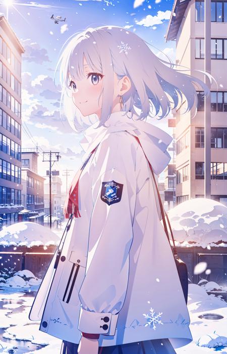 masterpiece, best quality, upper body,
white hair, short hair, floating hair, scarf, 1girl, solo , smile, intricate coat, ((flying snow)), (snowfield), from side, 
sky, cloudy sky, building, sunlight, sun