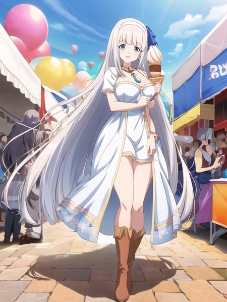 anime artwork , anime style, key visual, vibrant, studio anime, highly detailed, <lora:Detail - add_detail:0.2>, Mylene, white hair, long hair,  blue eyes, blue hair ribbon, pendant, <lora:Character - MyleneV2:0.8>, festival, outdoors, modest white dress, excited, ice cream, balloons, brown boots, blunt bangs, milf, 1girl,