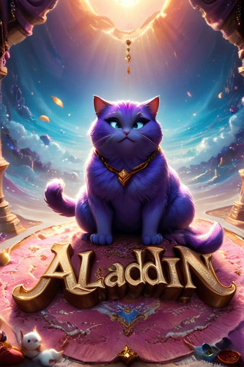 An artistic illustration of a purple cat sitting on a pink surface with the name "Aladdin."