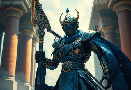 A leaked, detailed image of the Master of the Flaming Dragonswords robot, donning regal dark blue clothes, is set against a Temple of the Kings backdrop. The centered full-body shot showcases the robot's halberd and dreamwave style in 4K resolution. The image exhibits true proportions, tilt blur, and vivid emotions with captivating lighting. The artwork is highly detailed, with splash ink illustrations using Unreal Engine 5, aiming for a trending position on Artstation and CGSociety. The image also showcases stunning and harmonious colors, with a focus on blue delphinium and blue bird themes. The artwork is a dynamic action pose, intentional focus, and well-timed moment, aiming for a golden ratio composition.