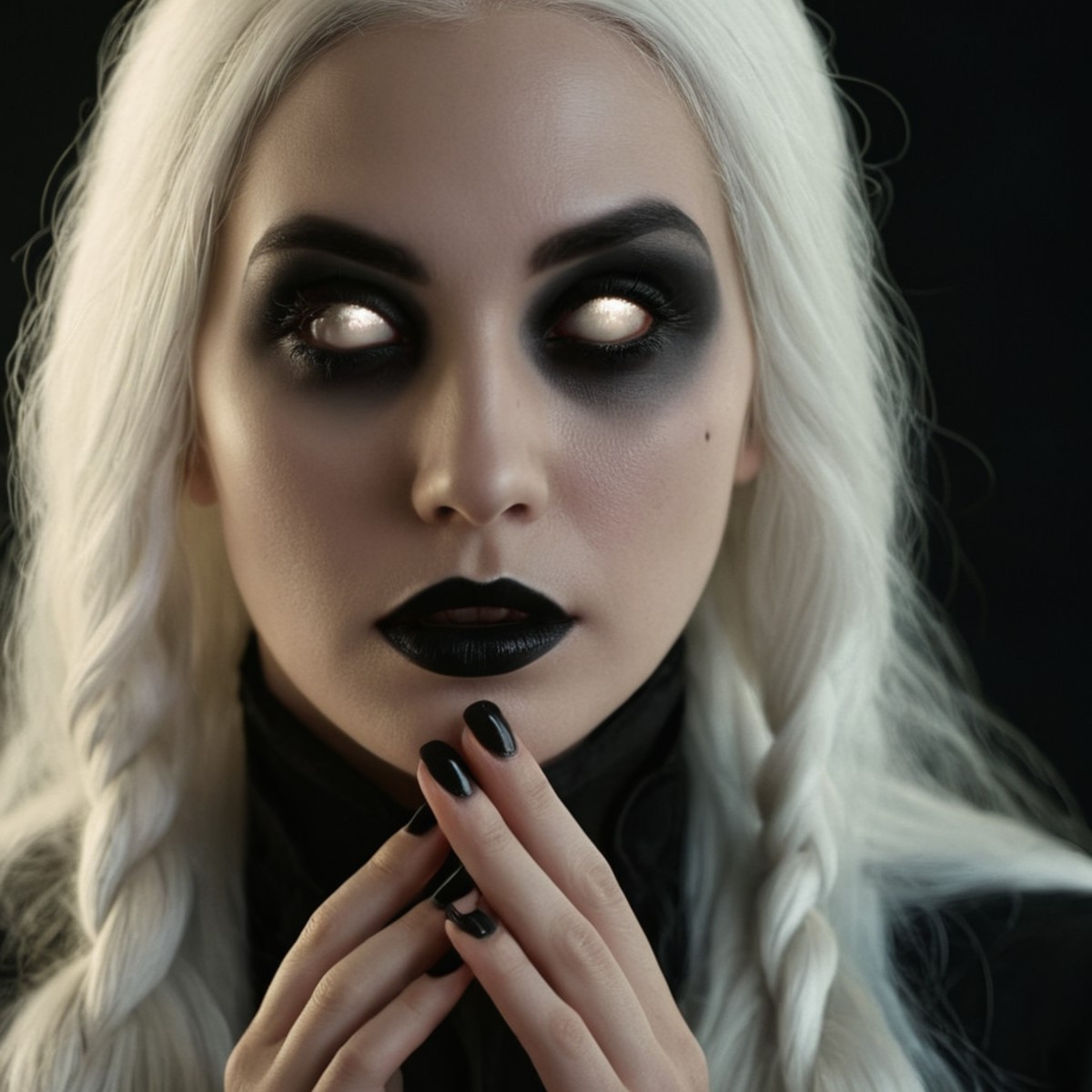 cinematic film still of <lora:white sclera v2:1> 
a witch woman with long white hair and black witch gothic makeup,1girl,s...