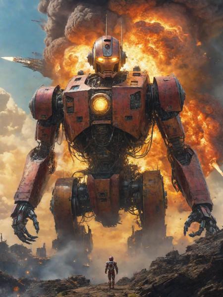 killer iron robot from_below from_side spaceship above explosions in the sky powerful dutch angle (AtomPunkStyleSD15:1.0)
(masterpiece:1.5) (painting:1.1) (best quality) (detailed) (intricate) (8k) (HDR) (wallpaper) (cinematic lighting) (sharp focus)  <lora:detailia_yiu_v20:1>  <lora:AZovyaRPGArtistToolsLORAV2art:1> zrpgstyle