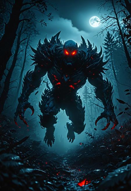 A menacing Forkid descends from the ominous, night sky, its metallic talons glistening as its humanoid visage emerges from the darkness, revealing glowing, bloodshot eyes intent on its quarry. The surrounding forest, thick with foliage, provides a spooky setting for this chilling scene.
