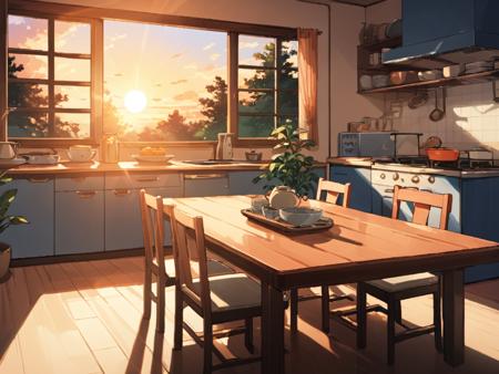 masterpiece,1 girl,Look at me,(\wen xin cha hua\),window,scenery,sunset,kitchen,plant,table,chair,bowl,indoors,food,potted plant,shelf,cloud,sunlight,sky,clock,cup,stove,tree,cabinet,<lora:chahua_xl:1>,