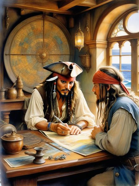 <lora:04Vintageillustration_Hap_XL:1.5>, Norman Rockwell style, Watercolor illustration of "Curse of the Caribic" with Jack Sparrow at the center, merging the artistic styles of Patrick Rothfuss, Alan Lee, Brian Froud, Josephine Wall, featuring whimsical characters, ethereal atmosphere, fantasy architecture in the background, enchanting elements, subtle color palette, soft lighting, high level of fantasy detail, intricate details as envisioned by Greg Rutkowski, sharp focus, studio lighting,, Watercolor, trending on artstation, sharp focus, studio photo, intricate details, highly detailed, by greg rutkowski,