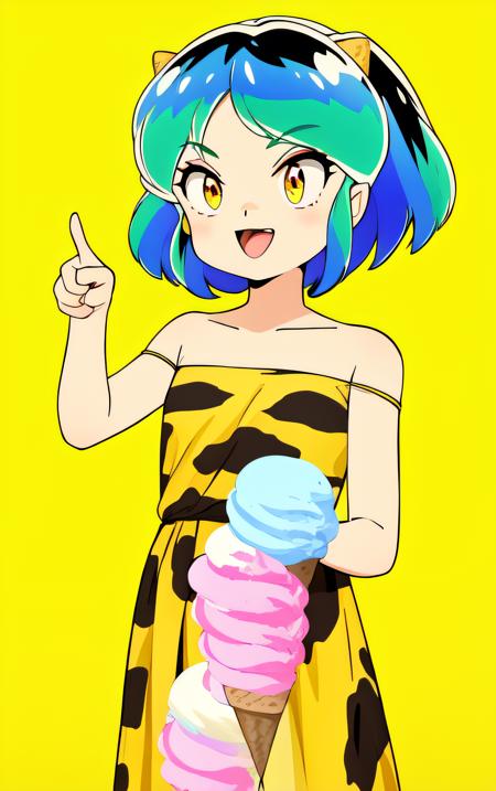 1 girl, yellow background, finger pointing, index finger raised, imitating, pointing up, solo, food, mouth open, water green hair, multi colored background, holding food, rainbow background, holding ice cream, ice cream, children, leopard print long dress, corner,