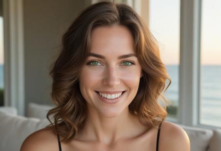 A meticulously detailed, hyper-realistic studio portrait of Olivia, a 35-year-old woman with sun-kissed skin and bright green eyes. She has a slim, oval, delicately contoured face with high cheekbones, a narrow jawline, and a subtle V-shaped chin. Her wavy, short-length light brown hair is casually tousled, framing her naturally beautiful face. Her skin has realistic texture: visible pores, soft natural wrinkles, gentle laugh lines, and minor imperfections that enhance authenticity. She wears a warm, genuine smile with slightly imperfect teeth. She seats in a living room, watching the sunset, and ocean,through an elegant beautiful Huge window, captured with an 85mm lens at f/4, with natural color grading and an unedited RAW film look — inspired by Kodak Portra 400. No makeup retouching, no plastic effect, no artificial smoothing.