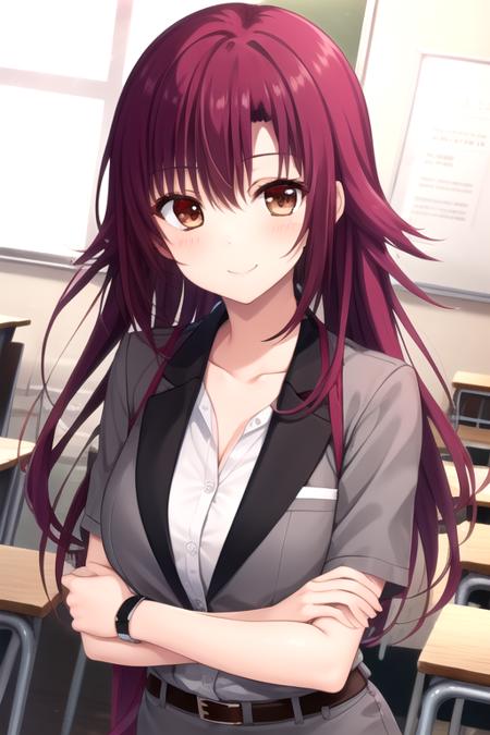 Ayase Touka very long hair,red hair,sidelocks,bangs,brown eyes collarbone,grey jacket,suit jacket,wing collar,white shirt,large breasts,short sleeves,black belt,grey pants,pant suit,capri pants,high heels,black footwear