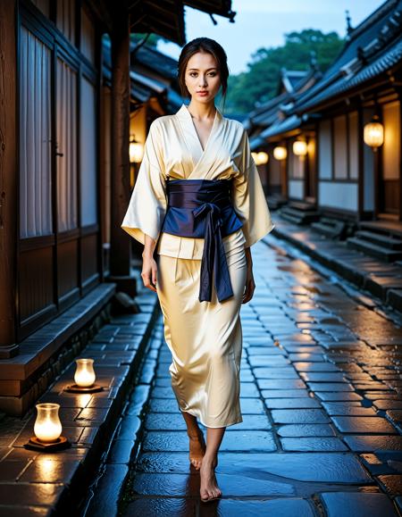 Realistic image of a beautiful woman, Asian woman, dark hair, <lora:Ai_Lotus:0.75>, pale beauty, (((pale skin))), <lora:Pale_Beauty:0.4>,<lora:muromachi86:0.6>, Twilight street scene of a townswoman carrying a heavy water pail, oil-lamp glow reflecting on wet cobblestones, indigo kasuri kimono and wooden geta, natural grain simulation, wide-angle perspective. ,low light, soft natural light, Rembrandt style light, Hasselblad DLSR camera, 200mm Zeiss lens, f/2.8, ,Sexy pose, erotic pose, exhibitionism, ,The Angkor Wat in Cambodia with its ancient temples and jungle surroundings