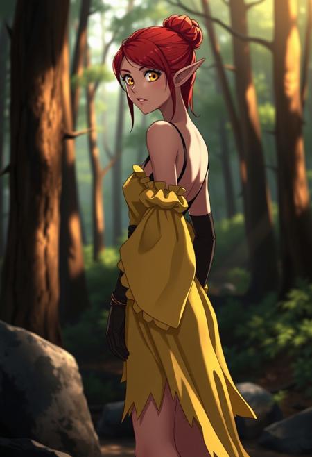 masterpiece,best quality, highly detailed, score_9, score_8_up, score_7_up, score_6_up,source_anime, blood elf, small pointed ears, yellow eyes, colored skin, standing in forest, side to viewer, waist up portrait, side profile, knee length dress, yellow flowing dress, puffy dress, poofy arm dress, frilly dress, exposed shoulders, open back dress, wide hips, thick thighs, skinny, muscles, perfect body, red hair, hair bun, big hair, solemn, stoic, calm, blush, hot, sweaty, wet skin, warm, heat, looking to viewer, elbow gloves, hands in front, sunlit, rock, shadow, night time, portrait, closeup shot, 8k, very detailed, very detailed, high detailed texture, deep of field, cinematic illumination, volumetric lighting,