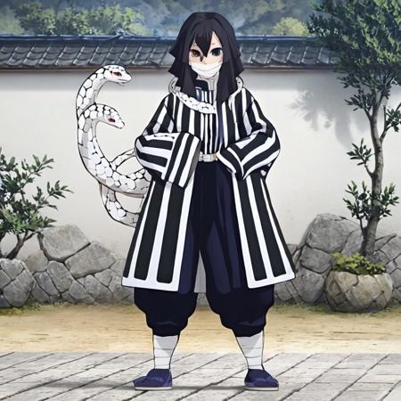0banai Igur0, black hair, white snake, accurate eyes, black and white striped jacket, full body