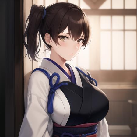 (masterpiece, best quality:1.2),illustration,8k,hd,1girl,solo,upper body,(portrait:1.2),brown_hair,side_ponytail,brown_eyes,short_hair,long_hair,large_breasts,japanese_clothes,muneate,skirt,partially_fingerless_gloves,yugake,black_thighhighs,tasuki,hakama_short_skirt,single_glove,<lora:Kaga>,