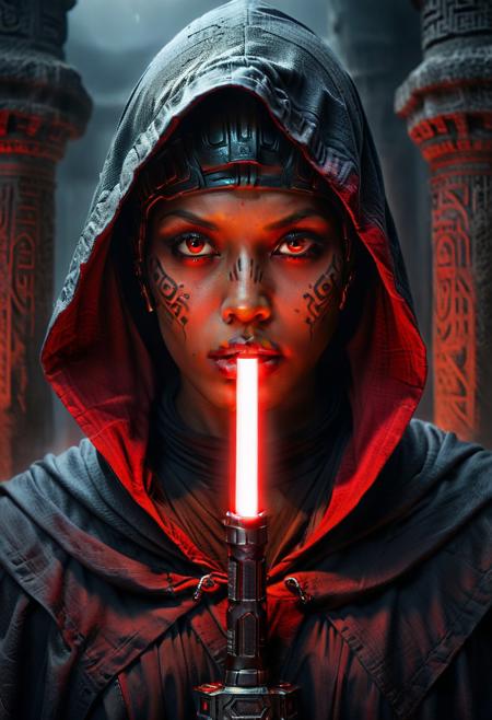 score_9, score_8_up, score_7_up, score_6_up, score_5_up, score_4_up, (absurdres, best quality, masterpiece:1.4), illustration, photorealistic, cinematic lighting, dynamic angle, perfect composition, red and black skin, face tattoos, fierce expression, hooded cloak, glowing red eyes, double-bladed lightsaber, ancient stone temple, dark and ominous, glowing runes, shadowy atmosphere