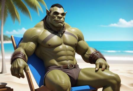 wowrcs, orc face, gentle smile, swole vein body, swimsuit, bulgue, hairy, slightly hairy, handsome like a gigachad, orc tusk, rest in the chair, beach, cartoon cgi style