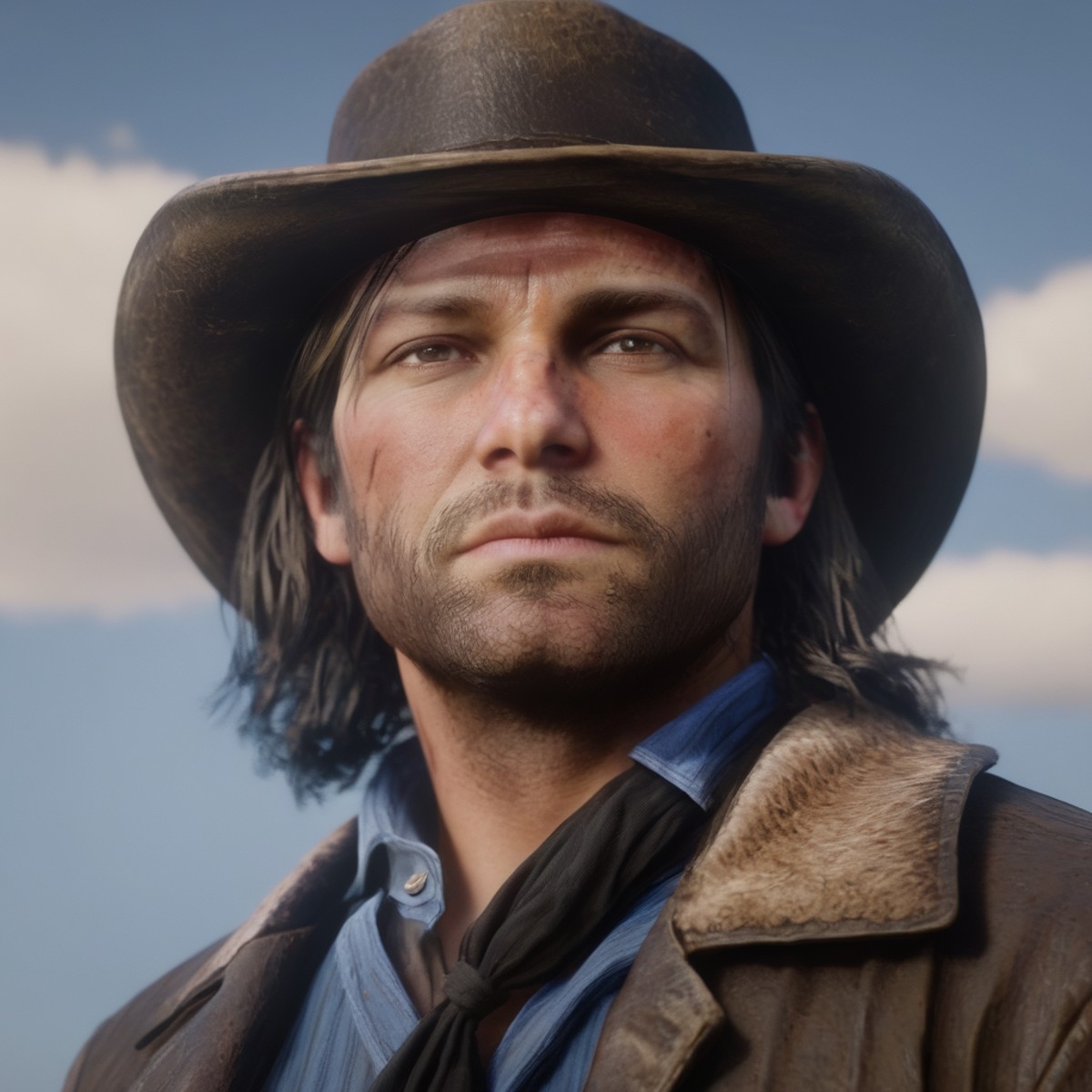 Hyperrealistic art of  <lora:Red Dead Redemption style:1>
John Marston a man with scars and long hair wearing a hat,solo,l...