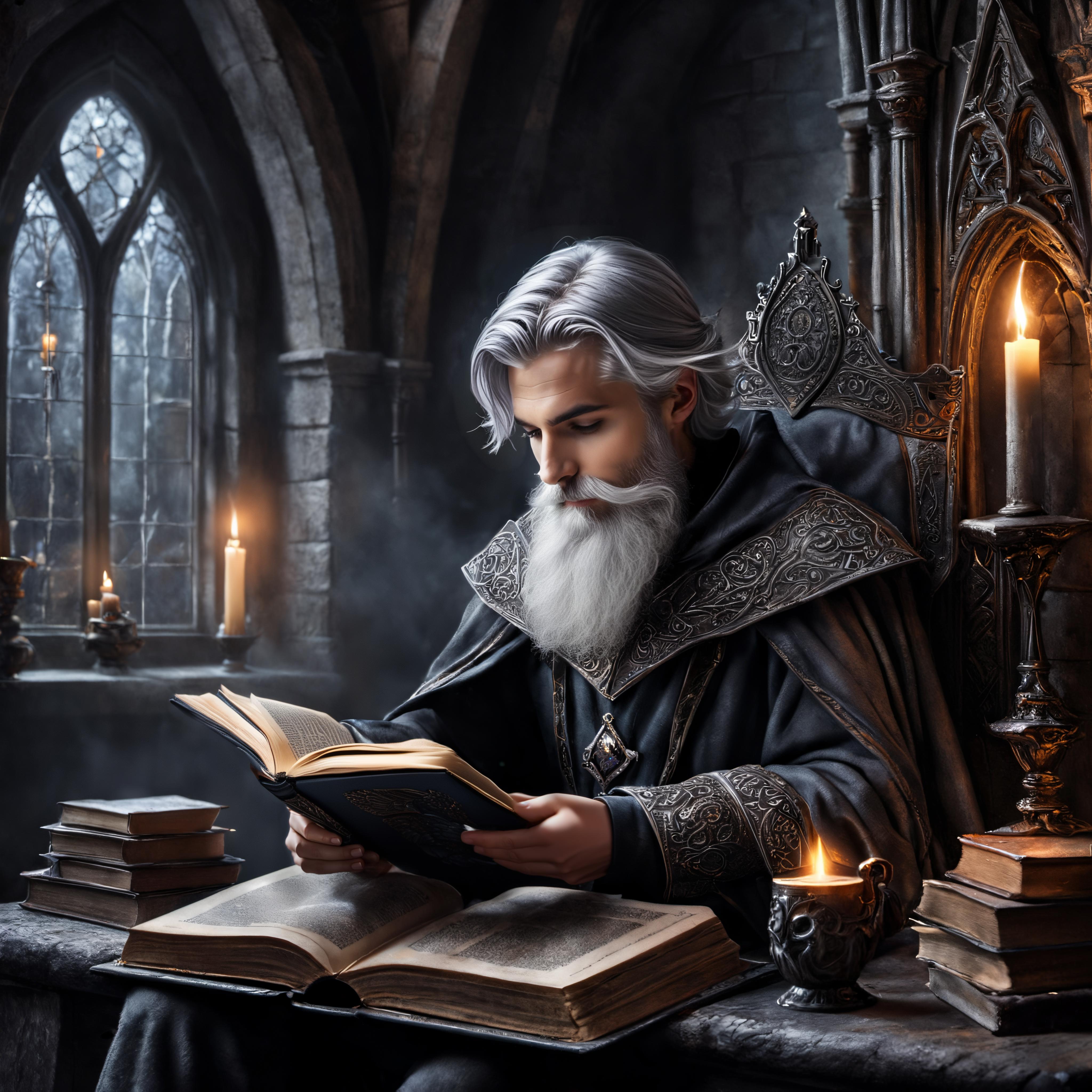 An old man with a beard reads a book in a dark room, surrounded by candles and books.
