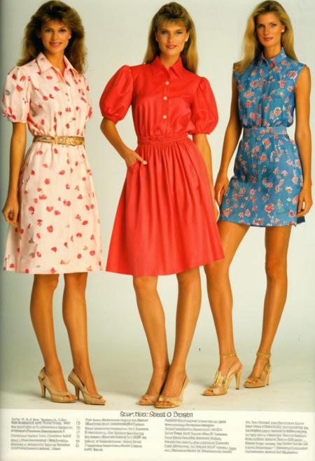 a complete page taken from a mailorder catalog from summer 1987, 
contemporary page design with product descriptions, 
3-5 female catalog models are presenting contemporary dresses and skirts and blouses and other summer clothing from 1987