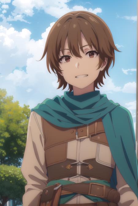 keyaru, <lora:keyaru s1-lora-nochekaiser:1>,
keyaru, short hair, (brown eyes:1.5), brown hair, male focus, smile, grin,
BREAK cape, armor,
BREAK outdoors, forest, nature, grass, trees, sun, sky, clouds,
BREAK looking at viewer, (cowboy shot:1.5),
BREAK <lyco:GoodHands-beta2:1>, (masterpiece:1.2), best quality, high resolution, unity 8k wallpaper, (illustration:0.8), (beautiful detailed eyes:1.6), extremely detailed face, perfect lighting, extremely detailed CG, (perfect hands, perfect anatomy),