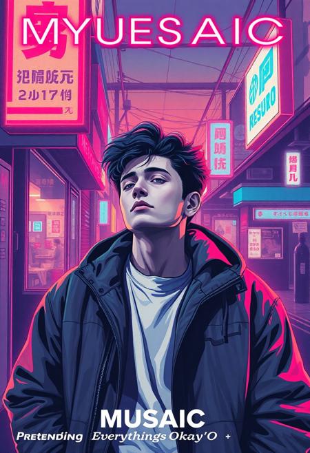 high quality design aesthetics, synth pop, nostalgic,  detailed, synth pop album cover, dynamic, colourful, uptempo track, melancholic, white man, artist name "MUSAIC",  melancholic, album title "Pretending Everything's Okay"