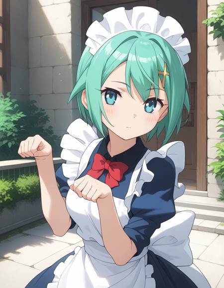 nine_violet, short hair, blue eyes, green hair, aqua eyes, medium breasts, aqua hair, hair ornament underboob, shorts, midriff, purple thighhighs, white white shorts, navel, boots, short shorts, gloves,  maid headdress, maid, apron school uniform, white dress, green bow, serafuku, ribbon, pantyhose