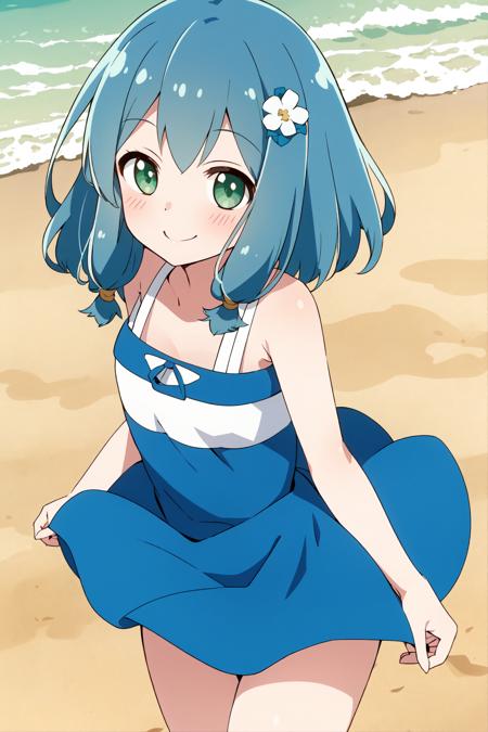 meiza, 1girl, solo, looking at viewer, blush, smile, short hair, green eyes, blue hair,  collarbone,  skirt, thighhighs, hat, dress, bare shoulders, jewelry, standing,  flower, black thighhighs, off shoulder, bracelet, blue skirt, white headwear, garter straps,blue footwear,  ice, outdoors, park,