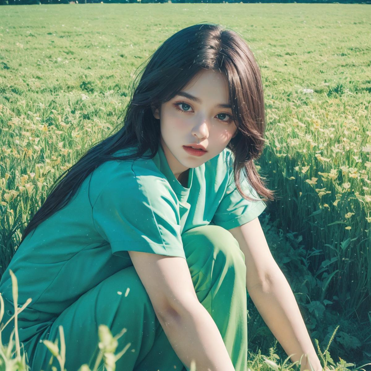 A woman in a green shirt and pants is sitting in the grass.
