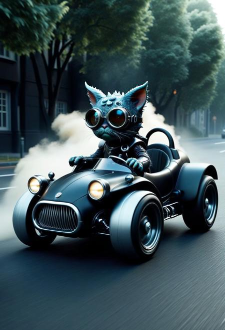 (made of monster skin:1.3), closeup full body shot, from side, closeup cute small spooky classic monster sports car, cat driving on, wear round goggles, wear animal ears helmet, wear black armor, run through on city road, Dust cloud, cinematic, cinematic lighting, (masterpiece, best quality:1.4), ultra-high res, 4k, Photorealistic, insanely detailed, sfw,