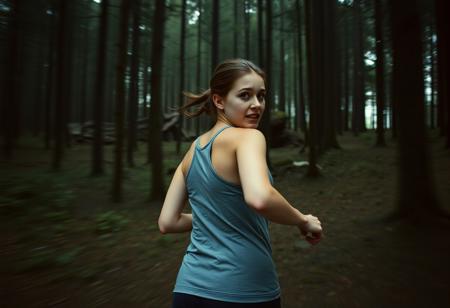 a photograph, found footage style, subject is a woman wearing running clothes running through a dark forest, looking back over her shoulder with a panicked and fearful expression, motion blur focus on a subject, side close up view, 1/25 s, f/2.8, 6400 ISO, 35mm film