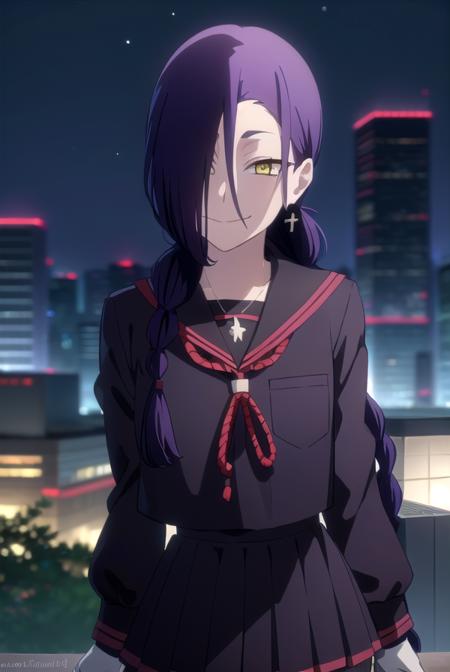 magane chikujouin, long hair, purple hair, braid, single braid, (hair over one eye:1.5), (yellow eyes:1.3), sharp teeth, skirt, thighhighs, gloves, jewelry, school uniform, earrings, serafuku, black gloves, black thighhighs, necklace, zettai ryouiki, 