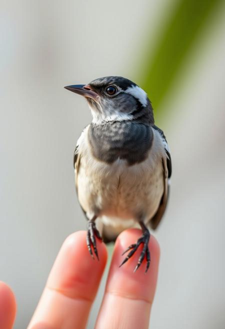 a photorealistic image of java sparrow on human's finger, from side, 4K,hires, absurdres,