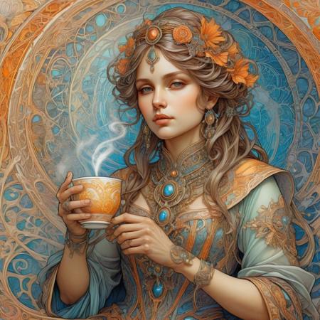 highly detailed, fantasy art in the style of Alphonse Mucha, WOMAN holding a cup of steaming hot coffee, aesthetic color pencil drawing, conceptual art, reference illustration, extremely beautiful, professional, dynamic, looking at viewer, high contrast, (intricate details, masterpiece, best quality:1.4),