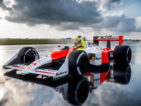 photo of a mp44 on a white reflective surface, stops at starting lane, sky background with ray of lights between the clouds, swirling ink in water, neon colors, (photorealistic:1.2), cinematic lighting, detailed, 4k, 8k, dslr, 50mm, Hasselblad X2D  <lora:mp44_mclaren_SDXL-LoRA-prodigy-clip1-v02:1>