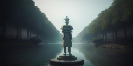 <lora:15MovingMeditations:1>meditation scene: a statue of a man standing in front of a body of water