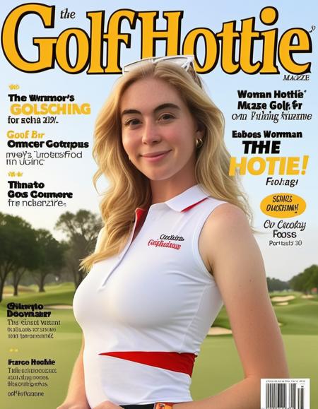 <lora:grcchrs-000016:1> portrait photo of grcchrs woman, on the cover of "Golf Hottie" Magazine, magazine text,